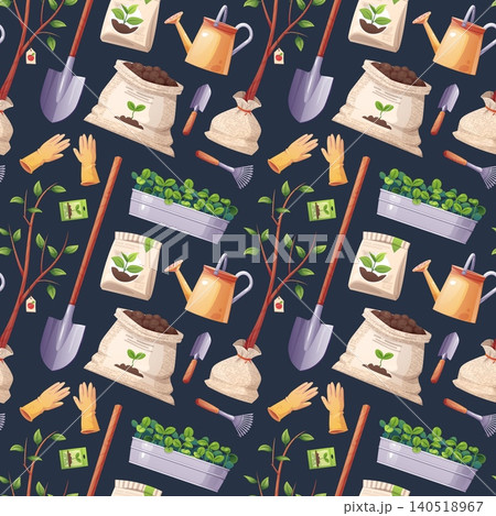 Gardening Seamless Pattern with Tools and Supplies. Shovels, Watering Cans, Gloves, Seedlings and Fruit Trees. Perfect for Textile, Fabric, Wrapping Paper or Background. Gardening Seamless Pattern with Tools and Supplies. Shovels, Watering Cans, Gloves, Seedlings and Fruit Trees. Perfect for Textile, Fabric, Wrapping Paper or Background. 140518967
