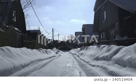 Frosty Neighborhood Under Bright Sky. Serene Rural Winter Setting With Houses And Snowbanks Visible . Media 140519404