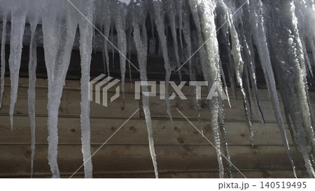 Ice Formations Caution. Sunlit Icicles On Roof Indicate Possible Slipping Hazards During Thaw . Media 140519495