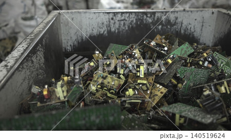 Scrap Bins Prepared. Closeup View Of Layered Electronic Debris Awaiting Separation At Recycling Plant . Media 140519624