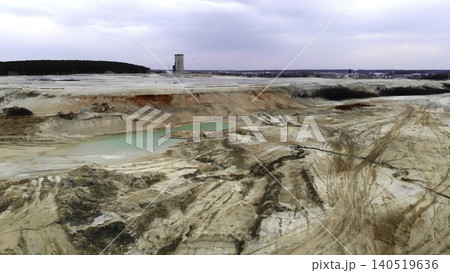 Mining Site With Water And Cliffs. Aerial Perspective Of Excavation Site And Natural Surroundings. Media Mining Site With Water And Cliffs. Aerial Perspective Of Excavation Site And Natural Surroundings. Media 140519636