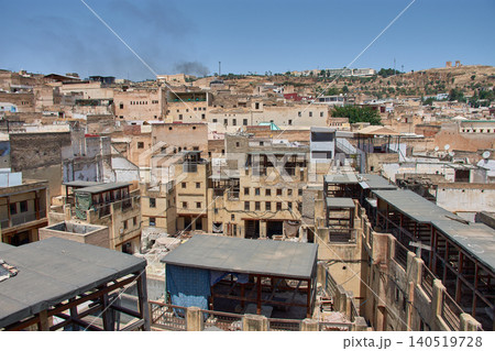 The dye vats of the historic Chouara Tannery showcase the artisanal leatherworking process in the medina of Fez 140519728