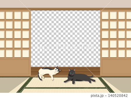 和室の畳の上でかわいい猫がくつろぐ開いた障子戸のコピースペース和風飾り枠フレーム素材 和室の畳の上でかわいい猫がくつろぐ開いた障子戸のコピースペース和風飾り枠フレーム素材 140520842