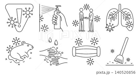 Hantavirus black line icon set, vector signs. Outline monochrome isolated symbols. Various linear warning pictograms Hantavirus black line icon set, vector signs. Outline monochrome isolated symbols. Various linear warning pictograms 140520856