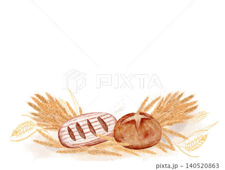 Watercolor bakery composition with bread and wheat ears, rustic hand painted food illustration with soft flour texture, ideal for packaging, bakery branding, menu design and organic products Watercolor bakery composition with bread and wheat ears, rustic hand painted food illustration with soft flour texture, ideal for packaging, bakery branding, menu design and organic products 140520863
