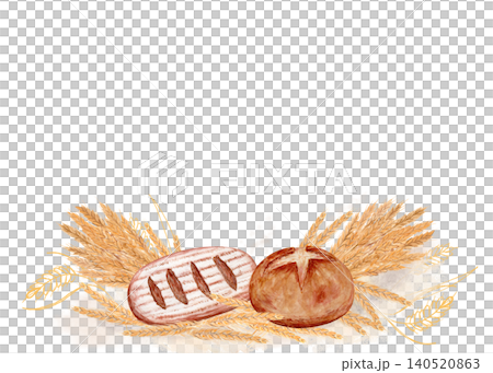 Watercolor bakery composition with bread and wheat ears, rustic hand painted food illustration with soft flour texture, ideal for packaging, bakery branding, menu design and organic products Watercolor bakery composition with bread and wheat ears, rustic hand painted food illustration with soft flour texture, ideal for packaging, bakery branding, menu design and organic products 140520863