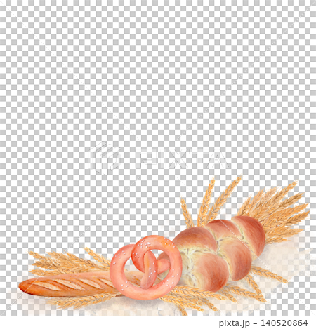 Watercolor bakery composition with braided bread, pretzel, baguette and wheat ears, rustic hand painted food illustration with soft flour texture, perfect for packaging, bakery branding and menu Watercolor bakery composition with braided bread, pretzel, baguette and wheat ears, rustic hand painted food illustration with soft flour texture, perfect for packaging, bakery branding and menu 140520864