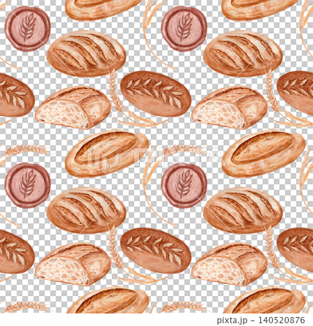 Watercolor seamless pattern with artisan bread, sourdough loaf, wheat ears, wax seals and crumbs. Rustic bakery background in warm tones, ideal for packaging, branding, wrapping paper and textile 140520876