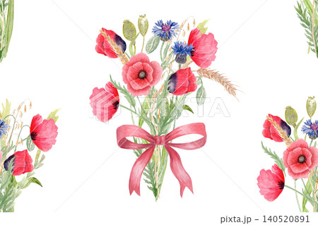 Poppy bouquets, red bows seamless watercolor floral pattern on white background. Hand painted romantic composition, perfect for feminine packaging, textile design, gift wrapping, wedding stationery Poppy bouquets, red bows seamless watercolor floral pattern on white background. Hand painted romantic composition, perfect for feminine packaging, textile design, gift wrapping, wedding stationery 140520891