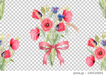 Poppy bouquets, red bows seamless watercolor floral pattern on white background. Hand painted romantic composition, perfect for feminine packaging, textile design, gift wrapping, wedding stationery Poppy bouquets, red bows seamless watercolor floral pattern on white background. Hand painted romantic composition, perfect for feminine packaging, textile design, gift wrapping, wedding stationery 140520891