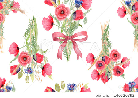 Poppy bouquets, red bows seamless watercolor floral pattern on white background. Hand painted romantic composition, perfect for feminine packaging, textile design, gift wrapping, wedding stationery 140520892