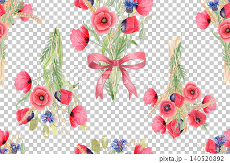 Poppy bouquets, red bows seamless watercolor floral pattern on white background. Hand painted romantic composition, perfect for feminine packaging, textile design, gift wrapping, wedding stationery 140520892