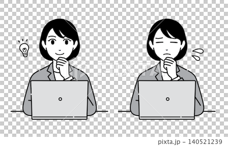 Illustration of a woman in a suit looking at a computer screen and thinking - Set 4 Illustration of a woman in a suit looking at a computer screen and thinking - Set 4 140521239