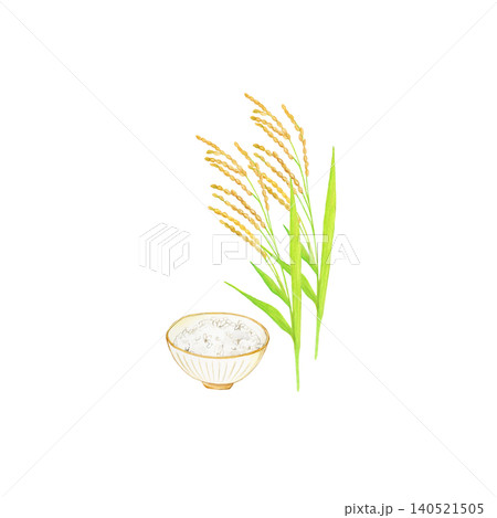新米と稲穂の水彩手描きイラスト ご飯茶碗と秋の収穫イメージ 新米と稲穂の水彩手描きイラスト ご飯茶碗と秋の収穫イメージ 140521505
