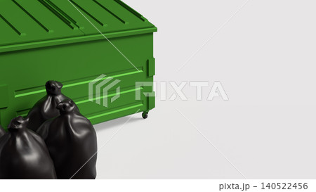 Green Waste Container With Black Garbage Bags 3d render. Green Waste Container With Black Garbage Bags 3d render. 140522456