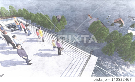 津波・水害時の高台避難訓練と避難タワーの3DCGイメージ 浸水 人あり 津波・水害時の高台避難訓練と避難タワーの3DCGイメージ 浸水 人あり 140522467