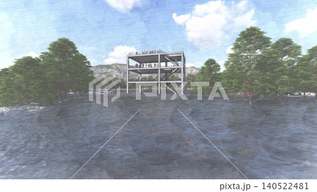 津波・水害時の高台避難訓練と避難タワーの3DCGイメージ 浸水 人あり 津波・水害時の高台避難訓練と避難タワーの3DCGイメージ 浸水 人あり 140522481