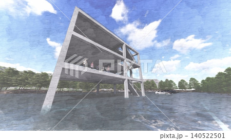津波・水害時の高台避難訓練と避難タワーの3DCGイメージ 浸水 津波・水害時の高台避難訓練と避難タワーの3DCGイメージ 浸水 140522501