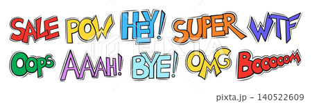 Text comic book speech pop bubbles funny slang phrases wording sound effects creative retro design Text comic book speech pop bubbles funny slang phrases wording sound effects creative retro design 140522609