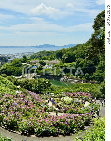 三河湾、三ヶ根山の新緑、満開のあじさいガーデンを臨む〈形原温泉あじさいの里/愛知県蒲郡市〉 三河湾、三ヶ根山の新緑、満開のあじさいガーデンを臨む〈形原温泉あじさいの里/愛知県蒲郡市〉 140522975