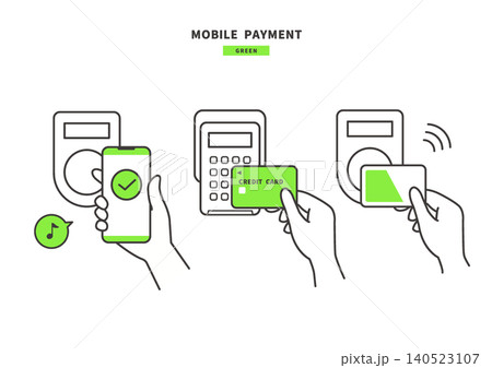 スマホのタッチ決済・クレジットカード・ICカードでの支払いのイラスト3点セット(グリーン) スマホのタッチ決済・クレジットカード・ICカードでの支払いのイラスト3点セット(グリーン) 140523107