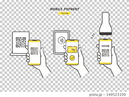 A set of three illustrations (yellow) showing how to use QR code, barcode, and contactless payment methods on a smartphone. A set of three illustrations (yellow) showing how to use QR code, barcode, and contactless payment methods on a smartphone. 140523109