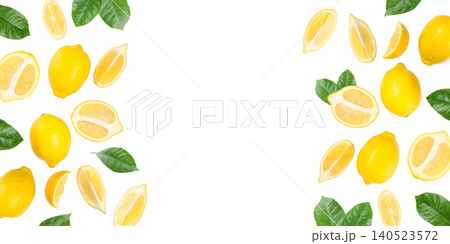 Whole and sliced lemons with green leaves, on white 140523572