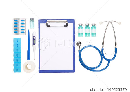 Medical supplies are organized for use, on white background Medical supplies are organized for use, on white background 140523579