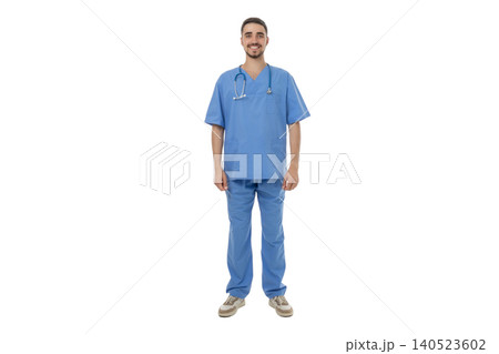 Doctor in scrubs with stethoscope, proud stance, on white Doctor in scrubs with stethoscope, proud stance, on white 140523602