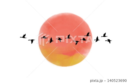 夕日をバックに横一列に飛ぶ鳥の群れのシルエット 夕日をバックに横一列に飛ぶ鳥の群れのシルエット 140523690