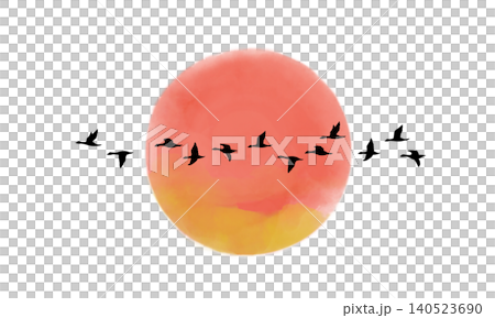 夕日をバックに横一列に飛ぶ鳥の群れのシルエット 夕日をバックに横一列に飛ぶ鳥の群れのシルエット 140523690