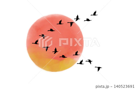 夕日をバックにくの字型に飛ぶ鳥の群れのシルエット 140523691