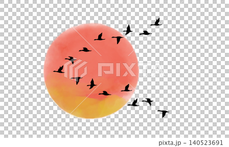 夕日をバックにくの字型に飛ぶ鳥の群れのシルエット 140523691
