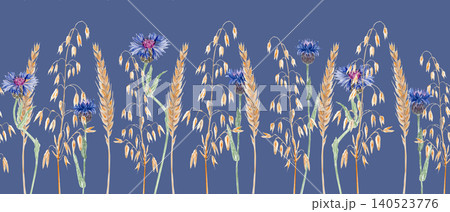 Golden wheat, oat ears, blue cornflowers. Seamless watercolor border, blue background. Rustic wildflower design, great for country style wedding invitations, fabric patterns, eco packaging, summer 140523776