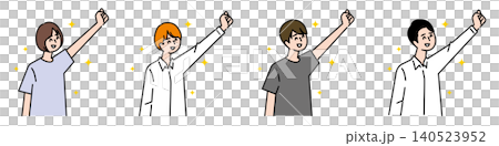 A set of illustrations of young men and women raising one hand to express joy. A set of illustrations of young men and women raising one hand to express joy. 140523952