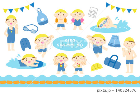 スイミングスクールの子どもたちとコーチのイラストセット 主線なし スイミングスクールの子どもたちとコーチのイラストセット 主線なし 140524376