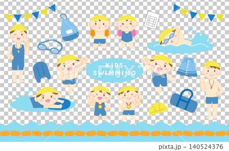 スイミングスクールの子どもたちとコーチのイラストセット 主線なし スイミングスクールの子どもたちとコーチのイラストセット 主線なし 140524376