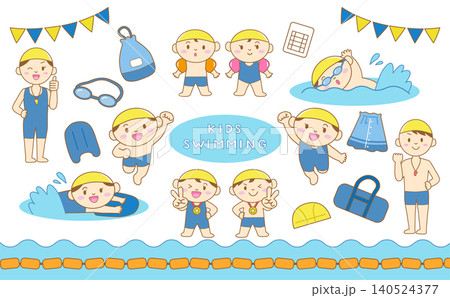 スイミングスクールの子どもたちとコーチのイラストセット 主線あり スイミングスクールの子どもたちとコーチのイラストセット 主線あり 140524377