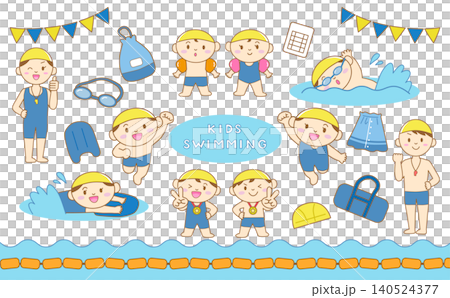 スイミングスクールの子どもたちとコーチのイラストセット 主線あり スイミングスクールの子どもたちとコーチのイラストセット 主線あり 140524377