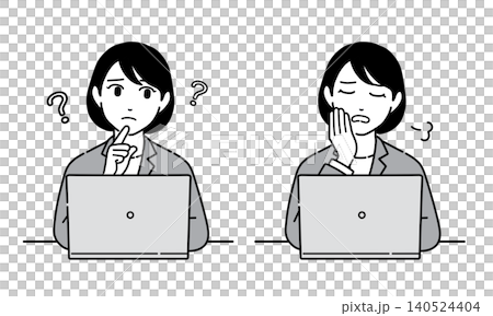 Illustration of a woman in a suit looking at a computer screen and thinking - Set 8 Illustration of a woman in a suit looking at a computer screen and thinking - Set 8 140524404
