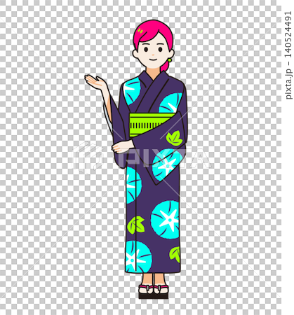 一位身穿浴衣的女子，以普普風格的極簡主義插畫（透明背景，全身像）站立並引導。 140524491
