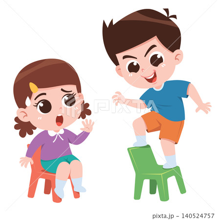Naughty Kid Standing on Chair Scaring Friend Cartoon Children Behavior Illustration Naughty Kid Standing on Chair Scaring Friend Cartoon Children Behavior Illustration 140524757