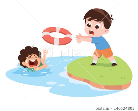 Child Drowning Accident with Friend Throwing Lifebuoy Cartoon Illustration Water Safety Concept Child Drowning Accident with Friend Throwing Lifebuoy Cartoon Illustration Water Safety Concept 140524803