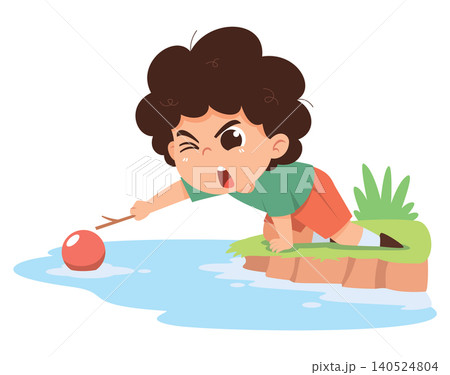 Child Picking Ball Near Water Danger Cartoon Illustration Kids Safety Risk Concept 140524804