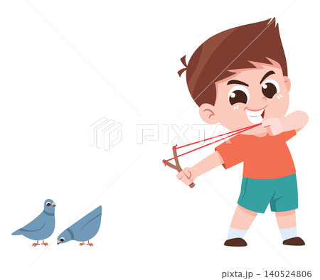 Child Using Slingshot at Birds Cartoon Illustration Unsafe Behavior Kids Danger Concept Child Using Slingshot at Birds Cartoon Illustration Unsafe Behavior Kids Danger Concept 140524806