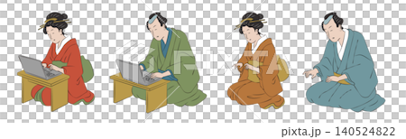一組浮世繪風格的插圖(向量圖),描繪了一男一女使用筆記型電腦打字。 一組浮世繪風格的插圖(向量圖),描繪了一男一女使用筆記型電腦打字。 140524822