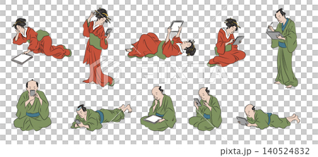 スマホやタブレットを操作する浮世絵風の人々のベクターイラストセット 140524832