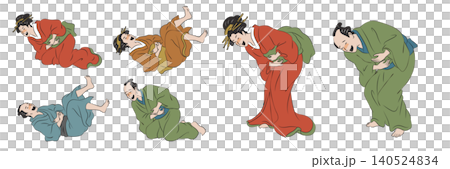 一組向量插圖,描繪了一男一女以浮世繪風格歇斯底里地大笑。 一組向量插圖,描繪了一男一女以浮世繪風格歇斯底里地大笑。 140524834