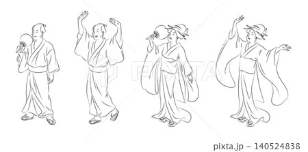 盆踊りや夏祭りで浴衣を着て踊る男女の線画イラストセット(ベクター) 盆踊りや夏祭りで浴衣を着て踊る男女の線画イラストセット(ベクター) 140524838