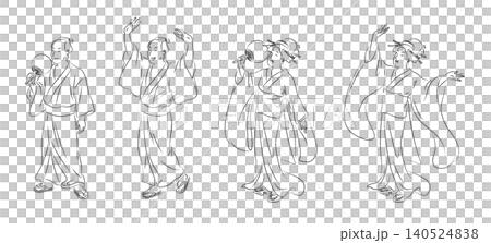 A set of line art vector illustrations of men and women dancing in yukata at Bon Odori and summer festivals. A set of line art vector illustrations of men and women dancing in yukata at Bon Odori and summer festivals. 140524838